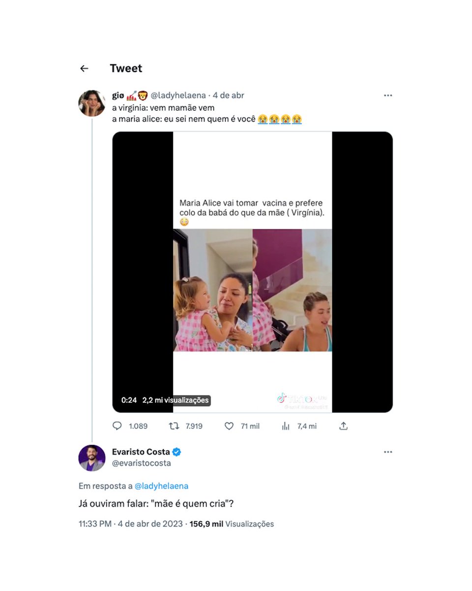 poptime's tweet photo. 🚨 Evaristo Costa critica Virgínia após vídeo onde a filha da influenciadora, com medo, prefere ir para o colo da babá do que o dela:

"Já ouviram falar: 'mãe é quem cria'"? https://t.co/STAwNuNOcQ