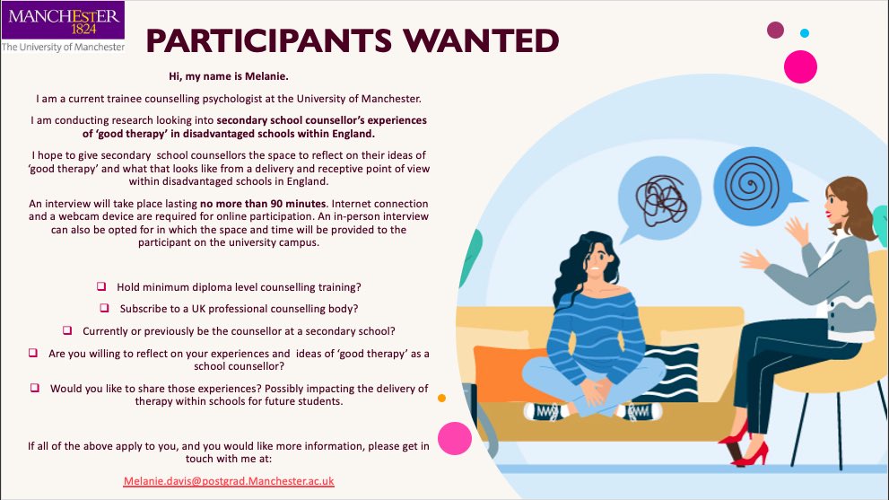 Hi! I hope you’re well. 
I’m a trainee on the counselling psychology course at UoM, and was wondering if you could help me circulate my research? 
I’m looking to explore the experiences of school-based counsellors in disadvantaged schools in England. 
Thank you 😊
<a href="/Therapists_C/">#TherapistsConnect</a>