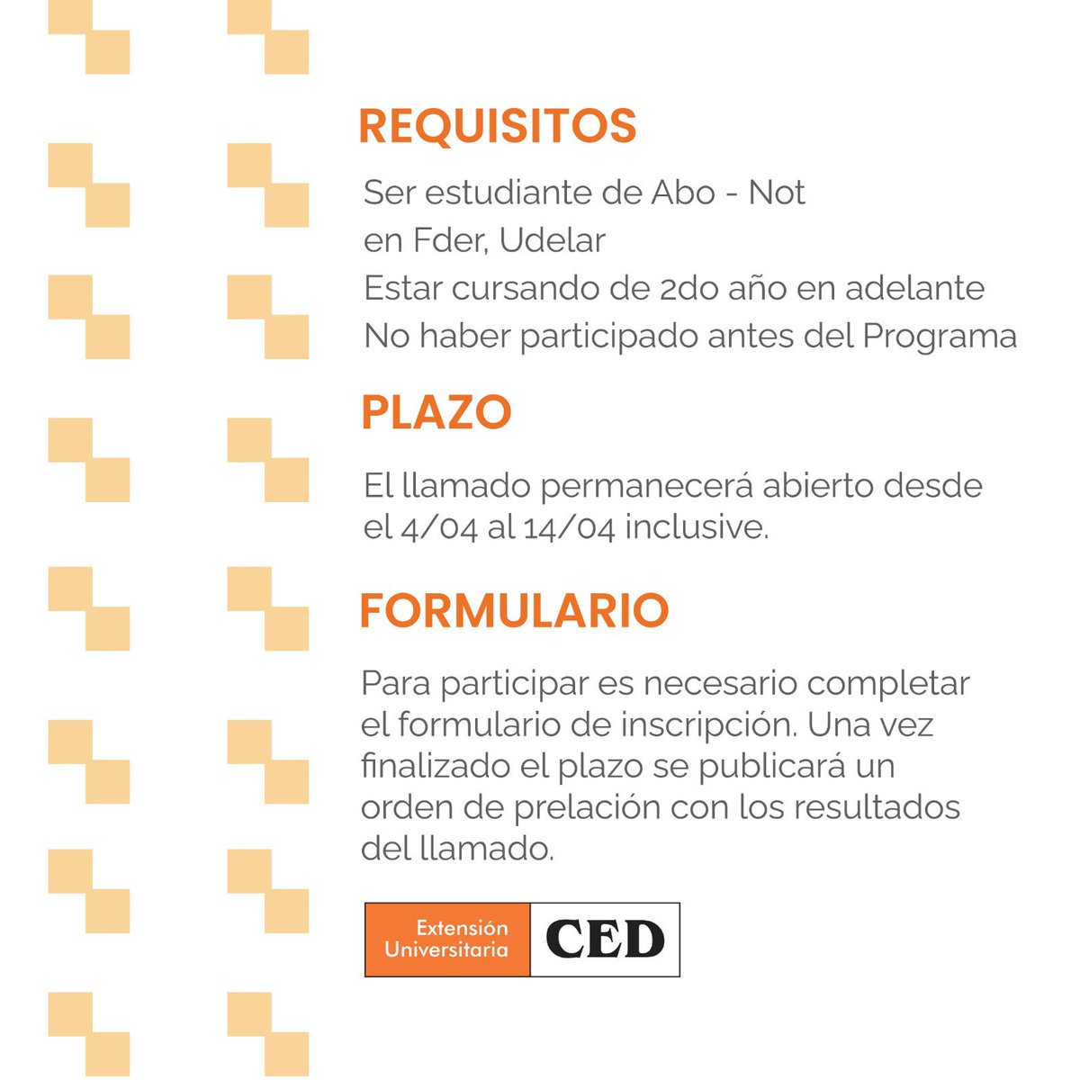 FREZELMI88's tweet photo. LLAMADO A ESTUDIANTES PARA PARTICIPAR DEL PROGRAMA DE CONSULTORIOS JURÍDICOS BARRIALES GRATUITOS DEL CED 

El llamado permanecerá abierto hasta el día 14 de abril. En las imágenes podés leer los requisitos para participar 👉🏼

Link de inscripción: https://t.co/n2v8P1Qo0i https://t.co/PYJe28YjIJ