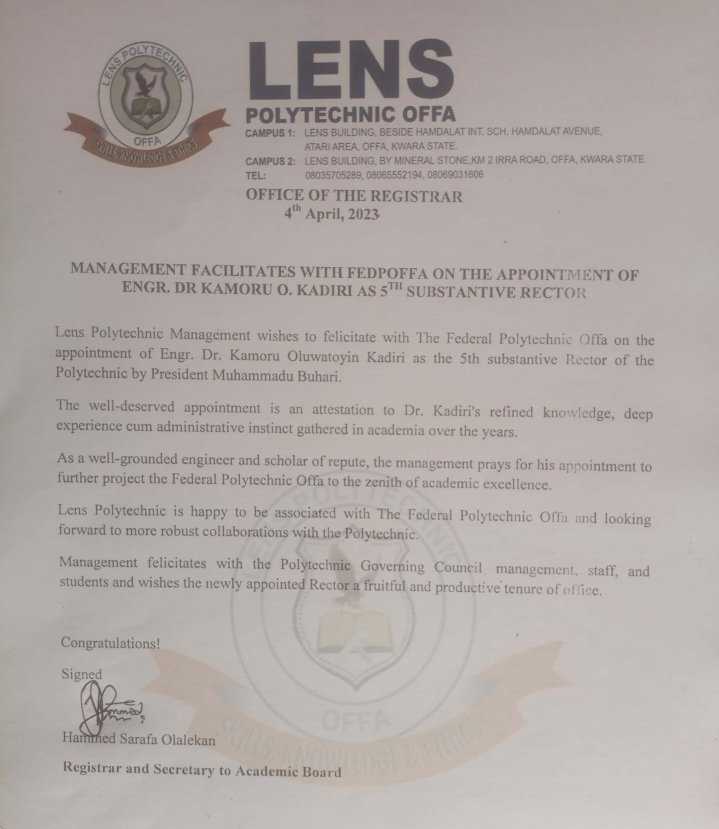 LenspoffaPro's tweet photo. Lens Poly Offa Mgt. Felicitates Fedpoffa On Appointment of Engr. Dr. Kamoru Kadiri As 5th Substantive Rector

https://t.co/vfSRPSpwmL https://t.co/W70b6dZPkD