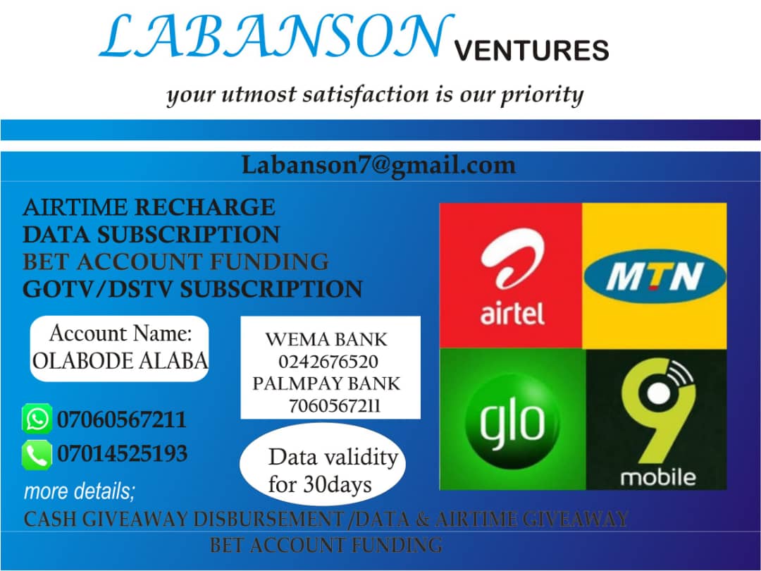 AlabaLabanson7's tweet image. All Ur Need Is Here With Us,,,Data Subscription 💻/ Airtime Recharge 📞/Cable Subscription And All Types Of Giveaway/Cash Giveaway Disbursement 💵/Data &amp;amp; Airtime Giveaway/Bet Account funding 📱 And Other Bills Payment
