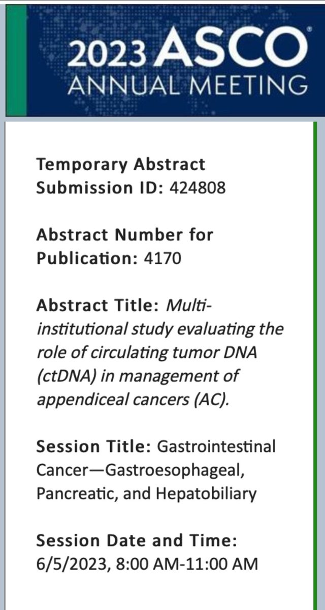 Very pleased to have our abstract regarding the role of ctDNA in appendiceal cancer management accepted at #ASCO2023! Looking forward to <a href="/ErikaBelmont7/">Erika Belmont</a>, our 🌟 PGY2 <a href="/UChicagoMed/">UChicago Medicine</a> presenting this poster in June. <a href="/UCCancerCenter/">UChicagoCancerCenter</a> <a href="/MDAndersonNews/">MD Anderson Cancer Center</a>
<a href="/kturaga/">Kiran Turaga</a> <a href="/ArdamanShergil1/">Ardaman Shergill</a> <a href="/ASCO/">ASCO</a>