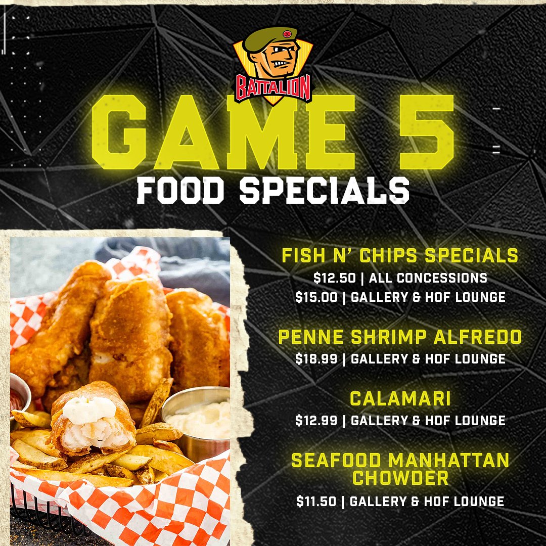 OHLBattalion's tweet photo. We're bringing seafood specials to Good Friday at The Gardens 🐟
Enjoy delicious options throughout Memorial Gardens with Fish N' Chips at all concessions and four specials in the Gallery and Hall of Fame Lounges.
Doors Open 5:30PM for pre-game dinner 🍽️ https://t.co/fW0c0Y8pHT