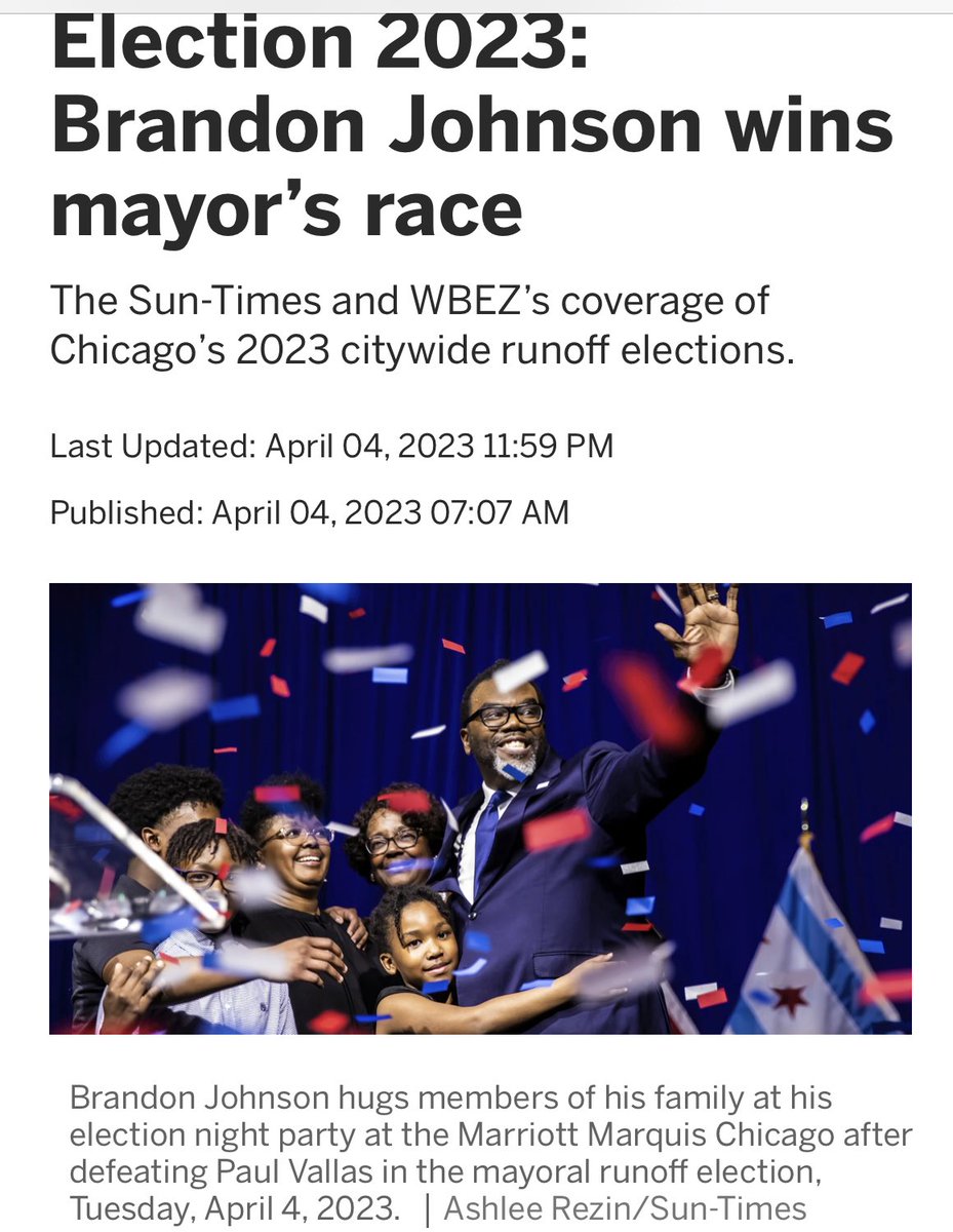 CurtisSChin's tweet photo. #USA 🇺🇸 #Chicago

In the race to lead America’s third-largest city, Brandon Johnson, a county commissioner and union organizer, has defeated Paul Vallas, a former public schools executive.

🔗 https://t.co/V5tm4jhisT via @Suntimes @WBEZ 

#ChicagoMayoralElection #ChicagoElection https://t.co/si3rXPctPv