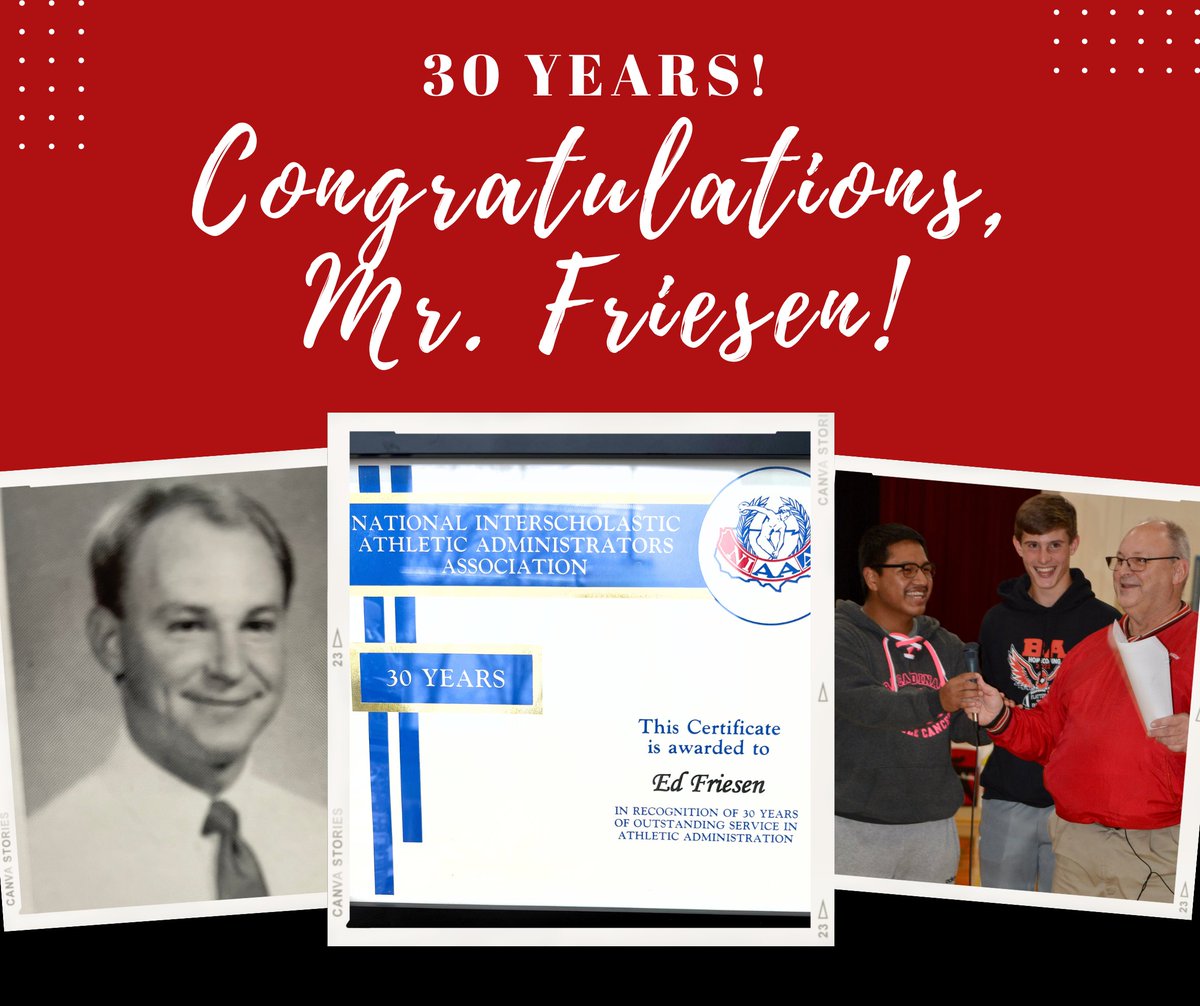 CONGRATULATIONS to BA's Ed Friesen, recently recognized by the National Interscholastic Athletic Administrators Association for 30 years of outstanding service!! #CARDS #CardinalPride