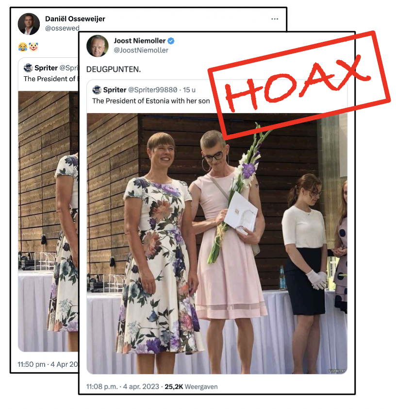 JPeterBurger's tweet photo. 3K retweets en bijna 10K likes voor een leugen: nee, dit is niet de Estse president met haar zoon maar een hoax uit 2020. De vrouw is Kersti Kaljulaid, tot in 2021 de Estse president, de man is schrijver Mikk Pärnits, de jurk is een publiciteitsstunt. https://t.co/cCYonFhezP 1/2 https://t.co/PMeS8pkpKK