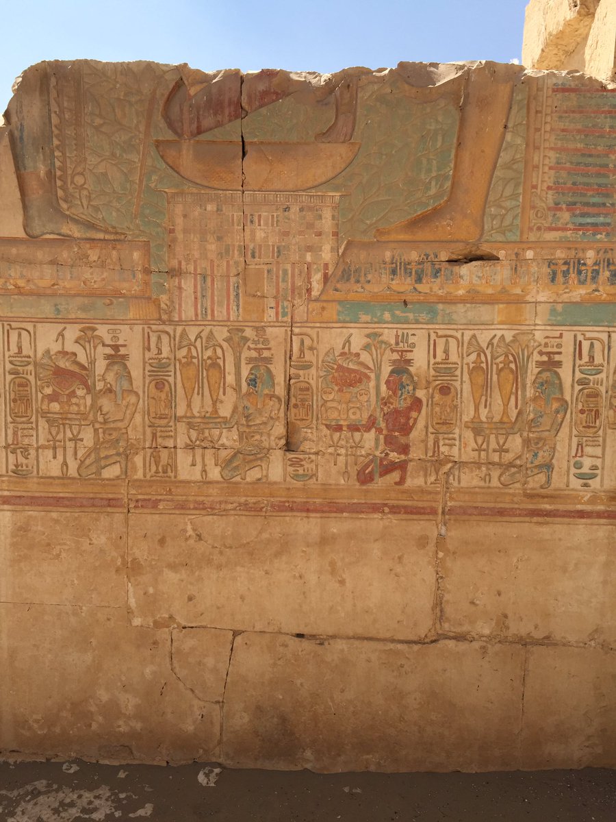 landoflove20's tweet photo. Z rear of Z second #hypostyle hall are 3 sanctuaries.Z central shrine is Z '#alabaster' sanctuary of #Osiris where we can see a restored statue group in gray #granite which was brought from another location in Z temple & depicts #Osiris,#Isis,#Horus,#Seti1 & #RamesesII. https://t.co/K1hNG59y1G