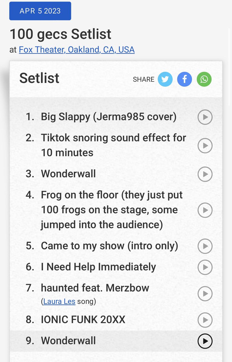mevlinger's tweet photo. nice @100gecs setlist https://t.co/tgGC4Rx8wK