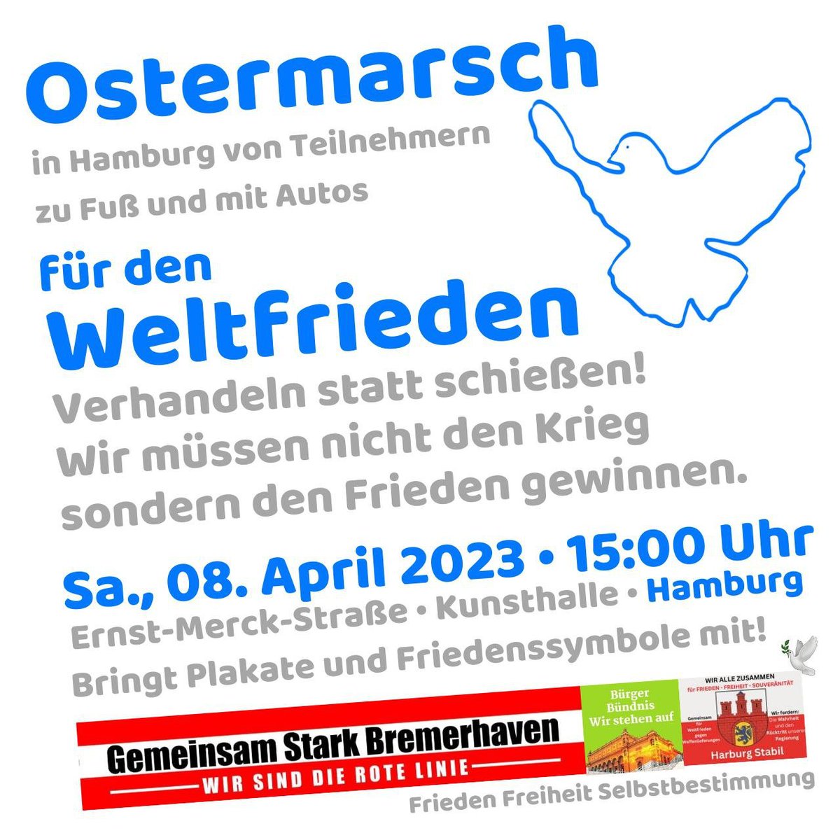 MartinBW15's tweet photo. #Hamburg #HH0804
#Demo #Demonstration #Protest
Hamburger #Ostermarsch

Lasst unsere Forderung für #Verhandlungen nach #Frieden auf die Straße bringen!

Wir bitten um die Aufnahme von #Verhandlungen zwischen der🇺🇸und🇷🇺Administration.
#Frieden #мир #peace
#FriedenSchaffenOhneWaffen https://t.co/drnj8Kw9lN
