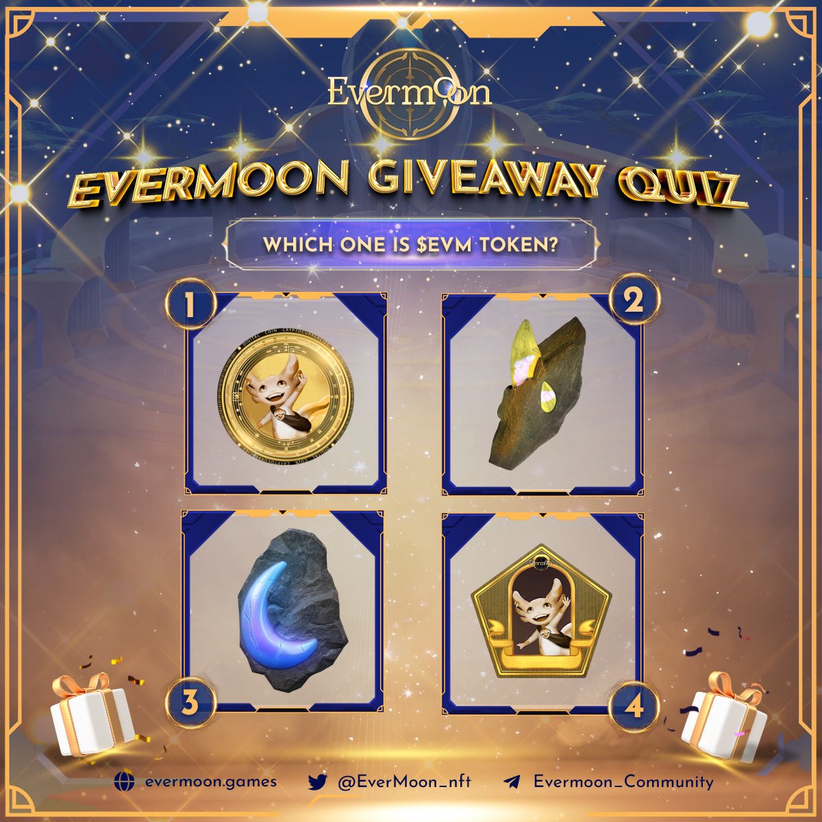EverMoon_nft's tweet photo. 🚀 Ready to prove that you're the biggest fan of Evermoon ?
This #Giveaway quiz is for you! 🌕

QUIZ: WHICH ONE IS $EVM TOKEN?

1️⃣ Follow @Evermoon_nft + RT this post 
2️⃣ Tag 3 friends
3️⃣ answer the correct $EVM token in the comment !
(Hint: Explore for an answer here https://t.co/O9cBLrc0dM )

PRIZES:
🏆2 x $30 $EVM guaranteed alloc.#WL @SeedifyFund
⏰Winners selection this Sunday!

Take a closer look and give your answer now!!!
#Quiz 
#Evermoon #airdrop #IGO #NFT
#MOBA #Gaming #Game #RT #Trending