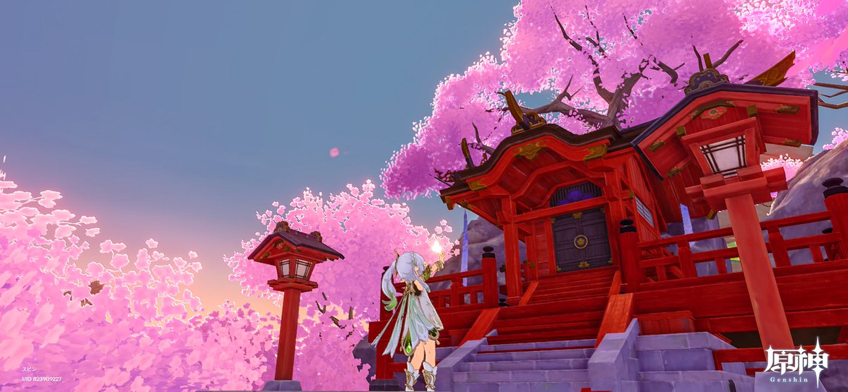 suzuya10Z0's tweet photo. 柚さん（@pavlova__cat ）の新作「桜雲小路」におじゃましました！( *´꒳`*)🌸

桜に囲まれた神社の下にはケンケンパの輪っかが😳✨ノスタルジックでした( ∩ˇωˇ∩)✨

路地をトコトコ歩いていると、鐘と月が重なるスポットを発見！散策の醍醐味ですね☺️風流で素敵でした|ωΦ)📸✨

#原神 #塵歌壺 https://t.co/SugnWZz5dx
