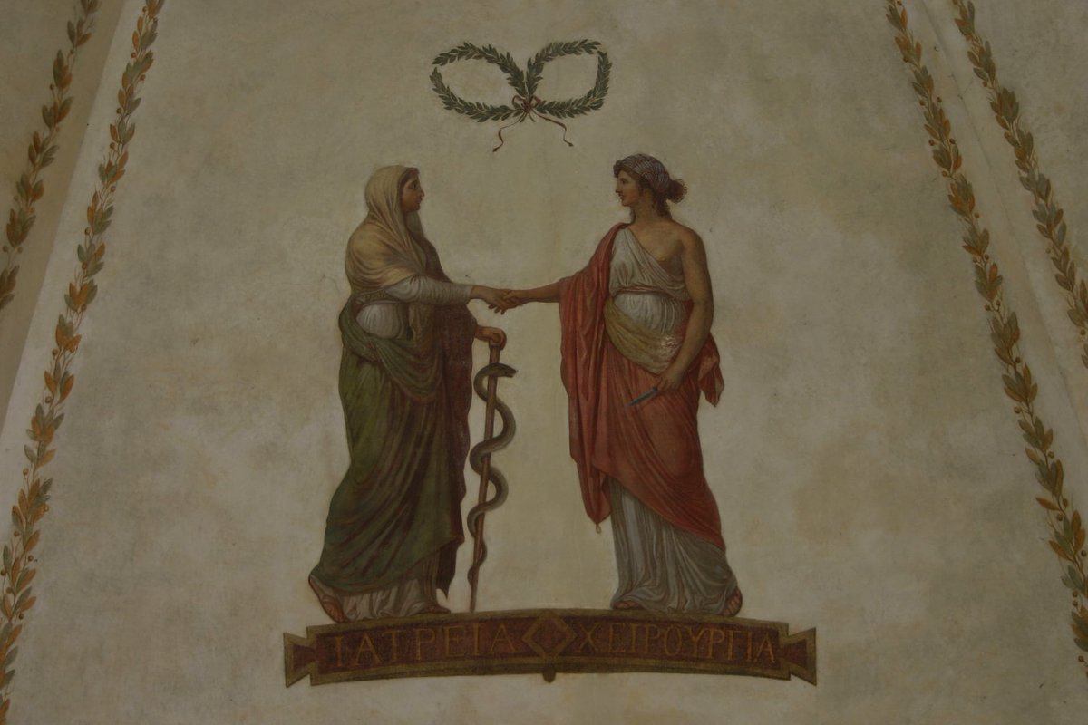 StoriaDellaMedicina (@storiamedicina) on Twitter photo "Antonio Scarpa" hall in Pavia, Italy, depicts the allegory of the harmony between Medicine and Surgery. Medicine (Iatreia) holds the rod of Asclepius while Surgery (Keiroyrghia) holds a scalpel.
<a href="/SurgeryLegends/">Legends Of Surgery</a> "Antonio Scarpa" hall in Pavia, Italy, depicts the allegory of the harmony between Medicine and Surgery. Medicine (Iatreia) holds the rod of Asclepius while Surgery (Keiroyrghia) holds a scalpel.
<a href="/SurgeryLegends/">Legends Of Surgery</a>