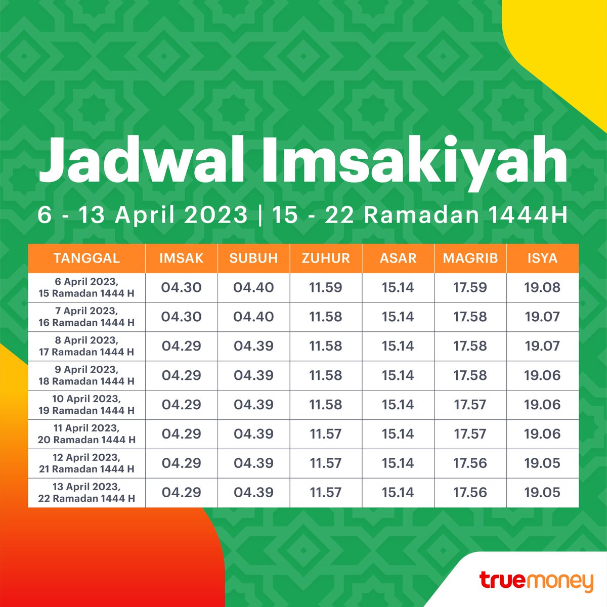 Hai #TrueFriends!
Tidak terasa Puasa Ramadhan sudah masuk minggu ke 3
sebentar lagi kita semua umat muslim akan meraih kemenangan lho!

Yuk saved jadwal imsakiyah minggu ini untuk DKI jakarta dan sekitarnya yah