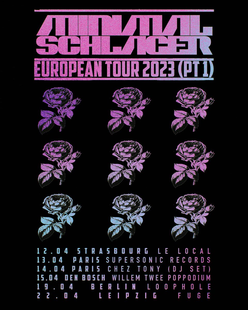 Starting the first leg of our EU Tour 2023 next week, see you there?💋
<a href="/LeLocalBar/">Le Local</a> 
<a href="/SUPERSONICparis/">SUPERSONIC</a> 
<a href="/WillemTwee_pop/">WillemTwee poppodium</a>