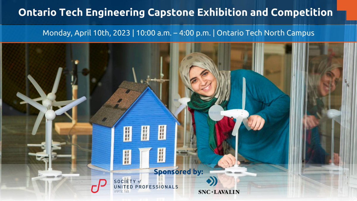 Join us on Monday as Ontario Tech’s fourth-year students show off their creative solutions and prototypes at the Engineering Capstone Exhibition and Competition! 

A big thank you to our Presenting and Partner sponsor, <a href="/thesocietysays/">Society of United Professionals</a>, and our Supporting sponsor, <a href="/snclavalin/">@SNCLavalin</a>.