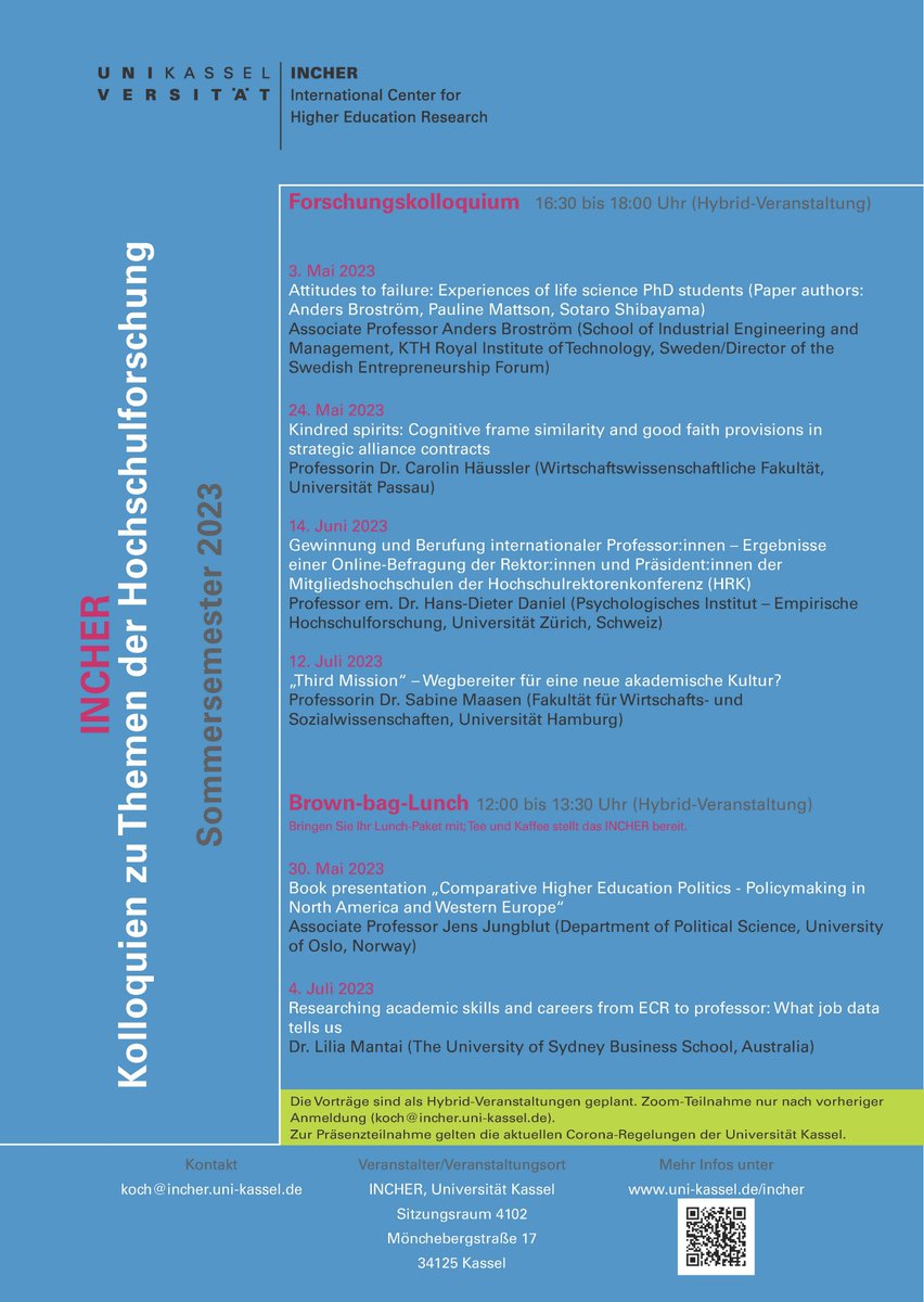 Our summer 2023 Research Colloquium series (including Brown Bags) starts on 3  May and offers a wide range of exciting topics covering a broad spectrum  of INCHER-related research. 
All talks will be delivered in a hybrid format. For more information:  uni-kassel.de/forschung/inch…