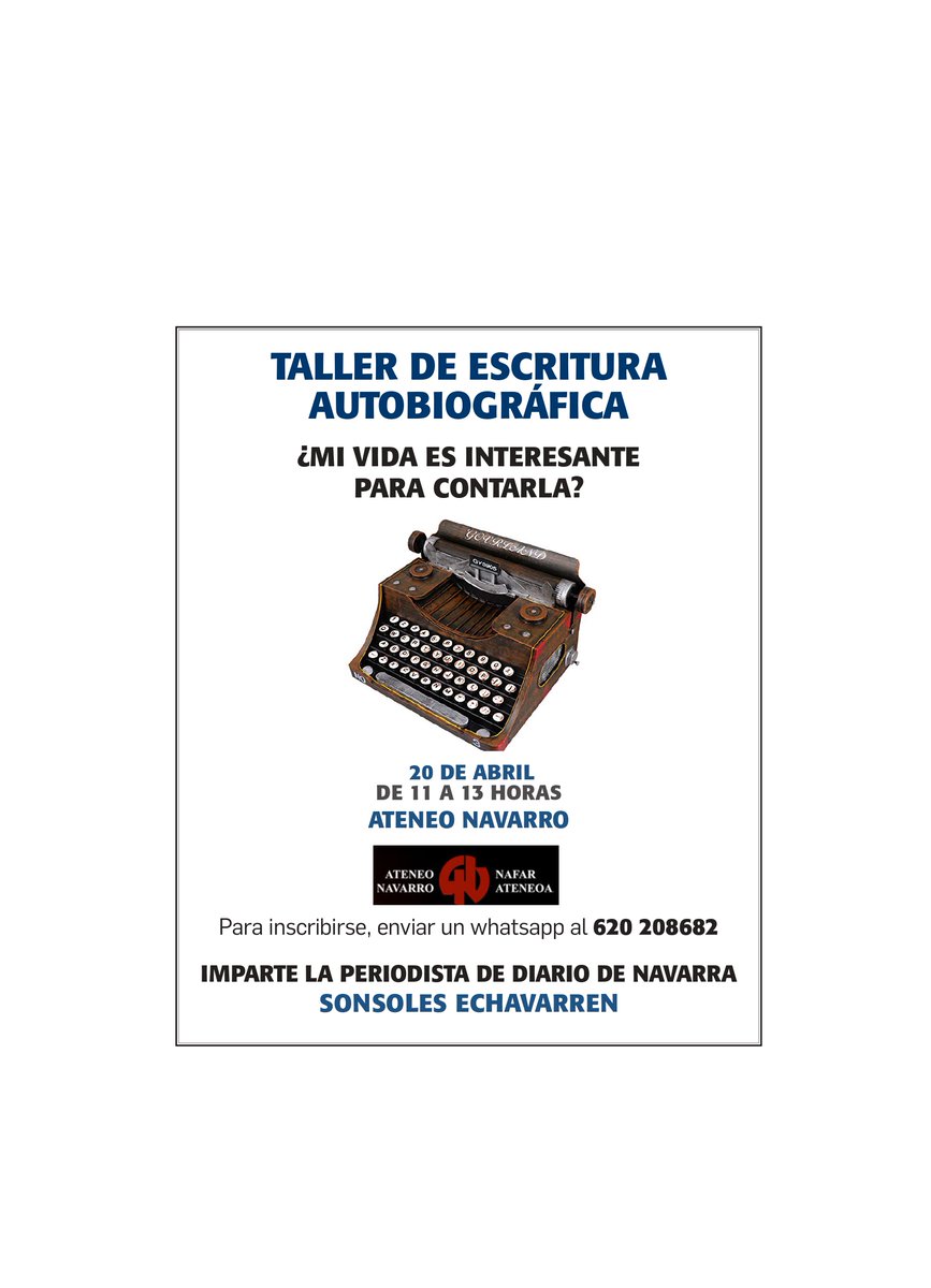 ¿Crees que tu biografía o lo que te está sucediendo últimamente es signo de ser contado? El 20 de abril impartiré un taller de 'Escritura autobiográfica' en el Ateneo Navarro de 11 a 13 horas. Apúntate enviando un mensaje de wasap al 620 20 86 82

@ateneo_navarro