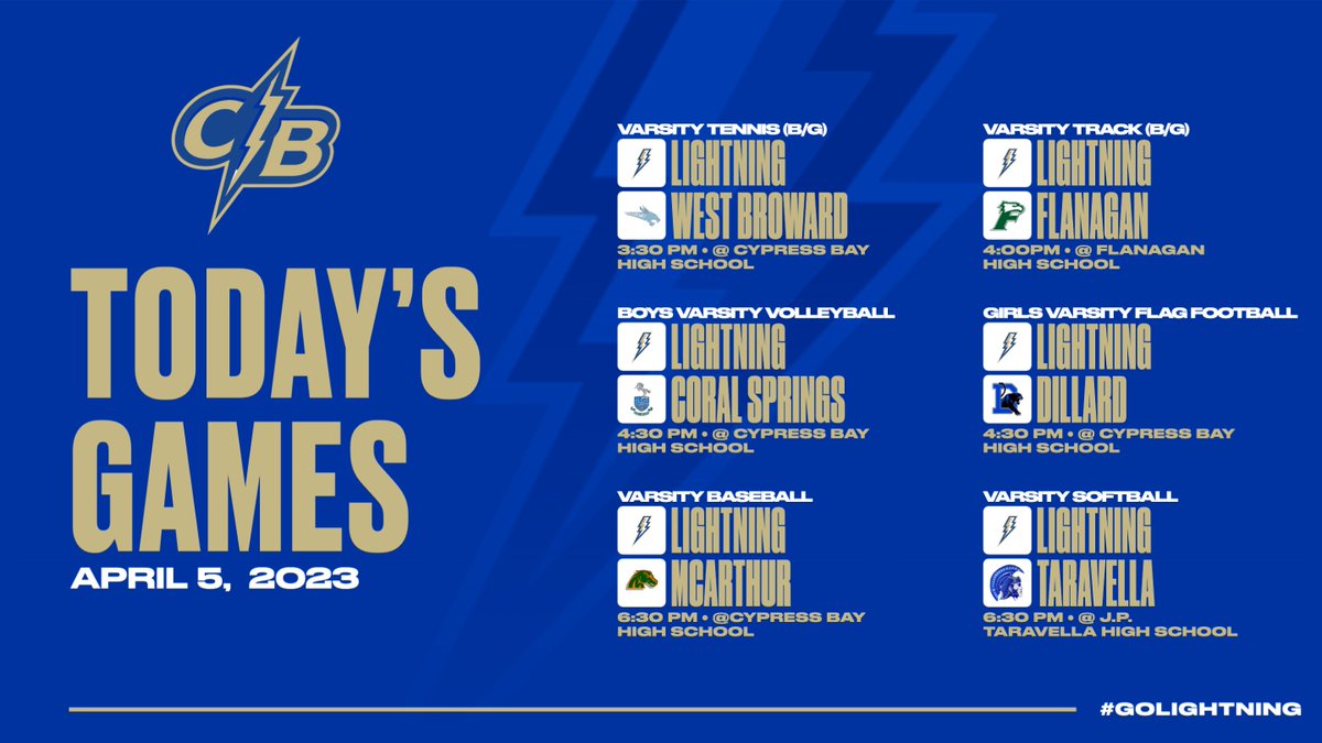 Very busy day for the Lightning with several teams in action.  Tennis and track will close out their regular season while the other teams continue their regular season pursuits.  #golightning @PrincipalCBHS <a href="/MisterWass954/">Jeffrey Wasserman</a> <a href="/Bre_Paulinelli/">Breno Ertty™</a> <a href="/TheBayBaseball/">The Bay Baseball</a> <a href="/CB_Softball/">Cypress Bay Softball</a> <a href="/BCAA_sports/">BCAA Sports</a>