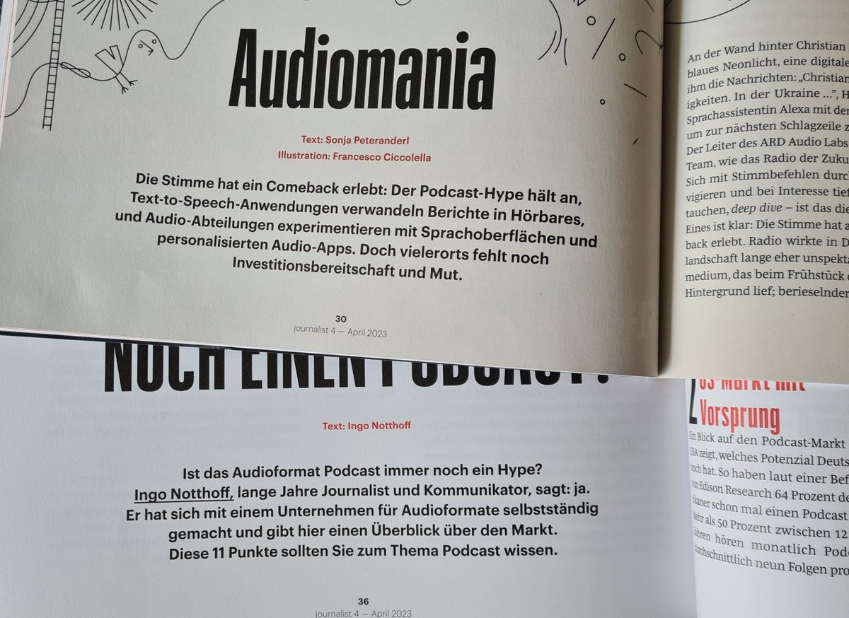 #Audio-Schwerpunkt im @journ_online. Gute Texte, Interview mit @khesraubehroz. 👍 Aber in 2 von 3 Teasern #Podcast & Hype?? Nach rund 20 Jahren und fast 10 Jahre nach Serial? Vorschlag: Alles, was auf dem Audiomarkt älter als #Clubhouse und immer noch da ist, ist kein 'Hype'. 😋