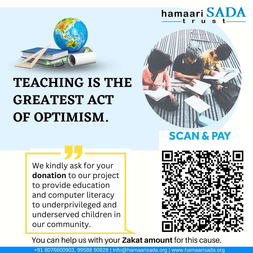 HamaariSADA's tweet photo. Teaching is the greatest act of optimism.
You can help us with your #zakat amount for this cause.
https://t.co/1Fn6P9PFPC
#HamaariSadaTrust #hamaarisada #donate #dontion #donatenow #educational https://t.co/B2Qd68jhUS