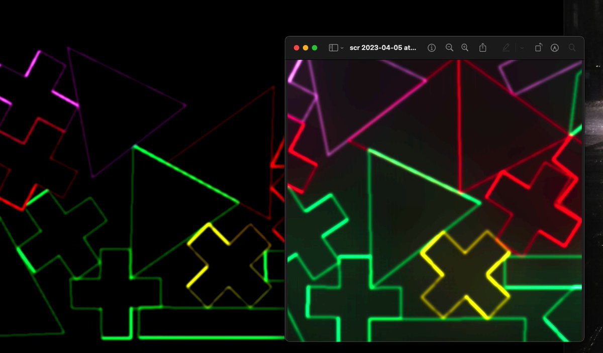 Dear WebGL / GLSL heads,
Can anyone explain why dragging Chrome (Mac) onto a 2nd monitor causes a massive shift in gamma? But taking a screenshot of the browser and then dragging THAT onto the 2nd monitor is fine? This is a PIXI.js bloom shader + a css filter. More info in ALTs.