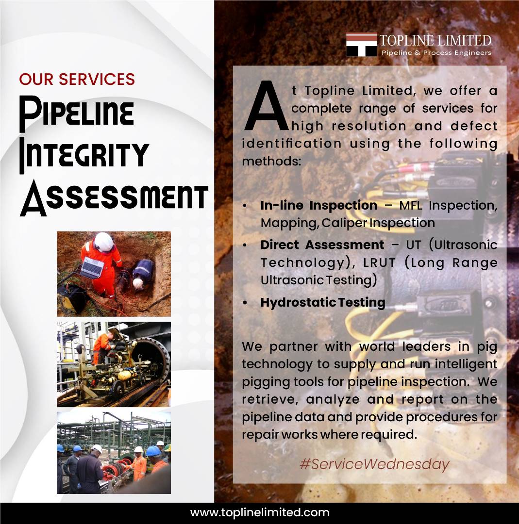 ToplineNigeria's tweet image. We offer a wide range of Pipeline maintenance services, visit toplinelimited.com/services to learn more.

#PipeLineServices #oilandgasindustry #pipelineinspection #pipelineintegrity
