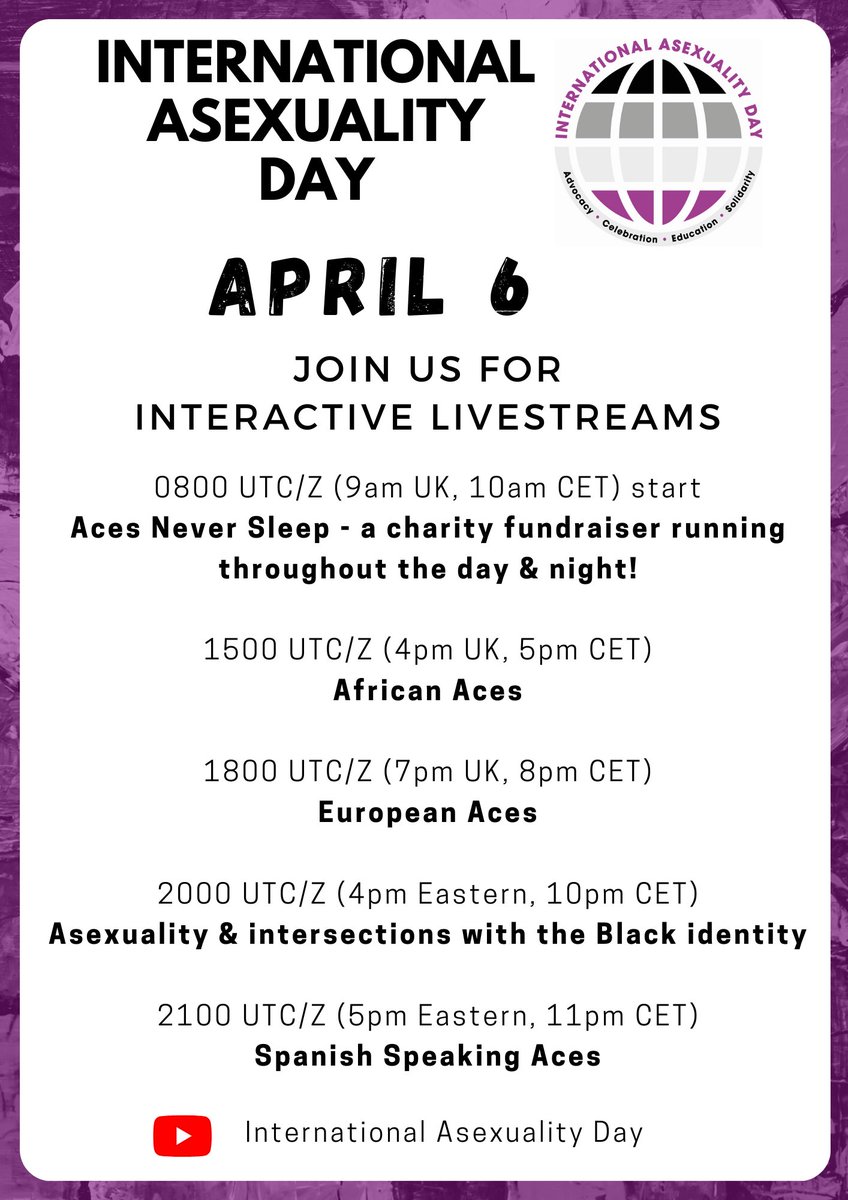 On this #InternationalAsexualityDay (Thursday 6 April) we are holding several livestreams exploring different aspects of the ace experience! Join us on our youtube channel: 

youtube.com/c/Internationa…