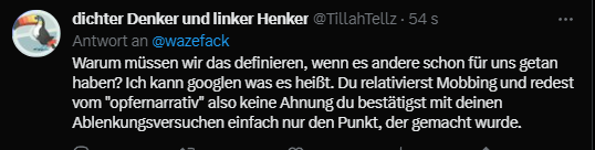 wazefack's tweet photo. @TillahTellz Weil in meinen Augen das Geschäftsmodell durch negative Aufmerksamkeit eben kein Mobbing ist und das ist durchaus interessant darüber zu reden. Aber zu blockierst halt lieber sobald dir die Argumente ausgehen. Schwach. https://t.co/JdMrfHyOKO
