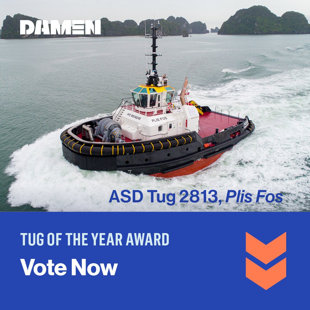 Damen needs you! Our ASD Tug 2813 Plis Fos has been nominated for the ITS Tug of the Year Award – and deservedly so! With her 85 tonnes bollard pull, Plis Fos is the most powerful tug in the Caribbean. Vote for Plis Fos before April 17th. Vote here: damen.one/Q