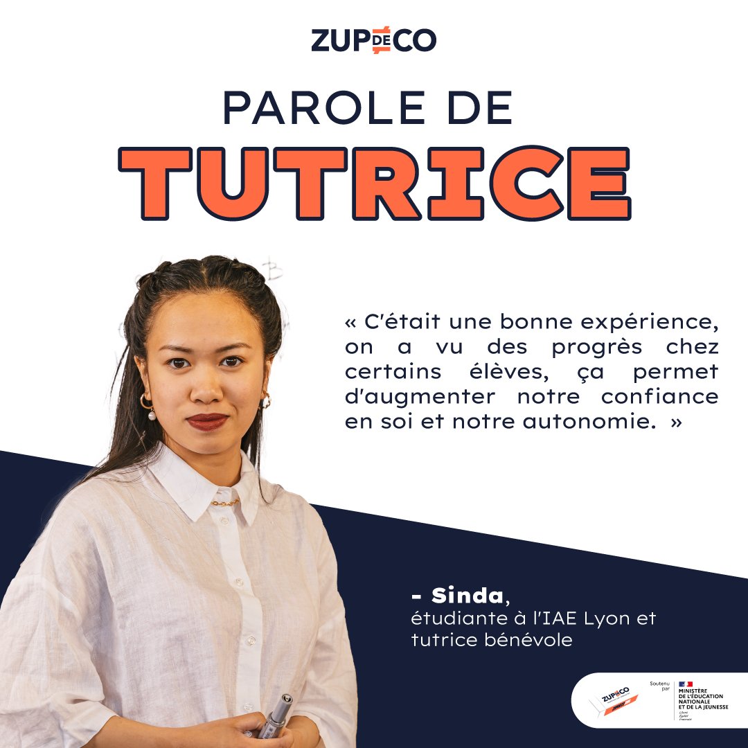 ZUPdeCO (@zupdeco) on Twitter photo 📣 Parole de tutrice ! 
“Cette expérience était vraiment parfaite en termes d'accompagnement.” 
- Sinda, étudiante à l’IAE Lyon et tutrice bénévole
🚀 Comme Sinda, #Deviens1héros !
👉 ow.ly/lXeJ50NAPCN
 #égalitédeschances #réussitescolaire  #mentorat 📣 Parole de tutrice ! 
“Cette expérience était vraiment parfaite en termes d'accompagnement.” 
- Sinda, étudiante à l’IAE Lyon et tutrice bénévole
🚀 Comme Sinda, #Deviens1héros !
👉 ow.ly/lXeJ50NAPCN
 #égalitédeschances #réussitescolaire  #mentorat