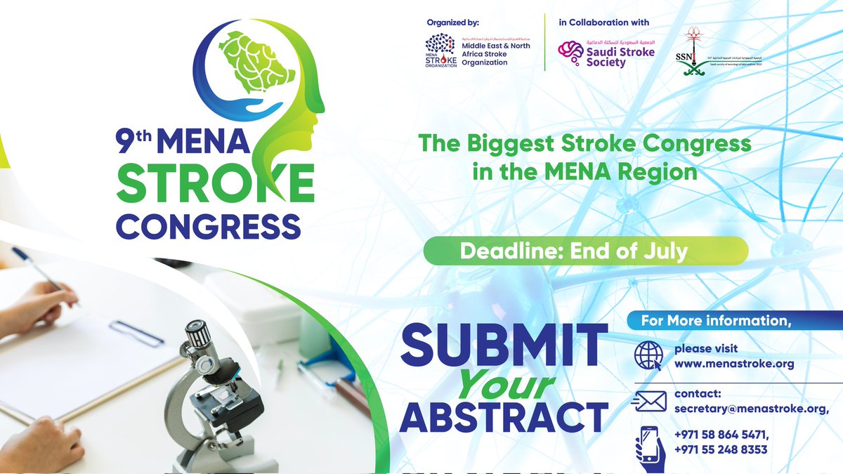 📢📢Call for Abstracts submission⌨️
We cordially invite all healthcare professionals, researchers, and medical experts to share their latest research for the biggest #strokecongress in the #MENA region👌🏻
🕐Don't miss out &amp; submit now 🔗bit.ly/42ZJBQO
#MENAstroke #stroke