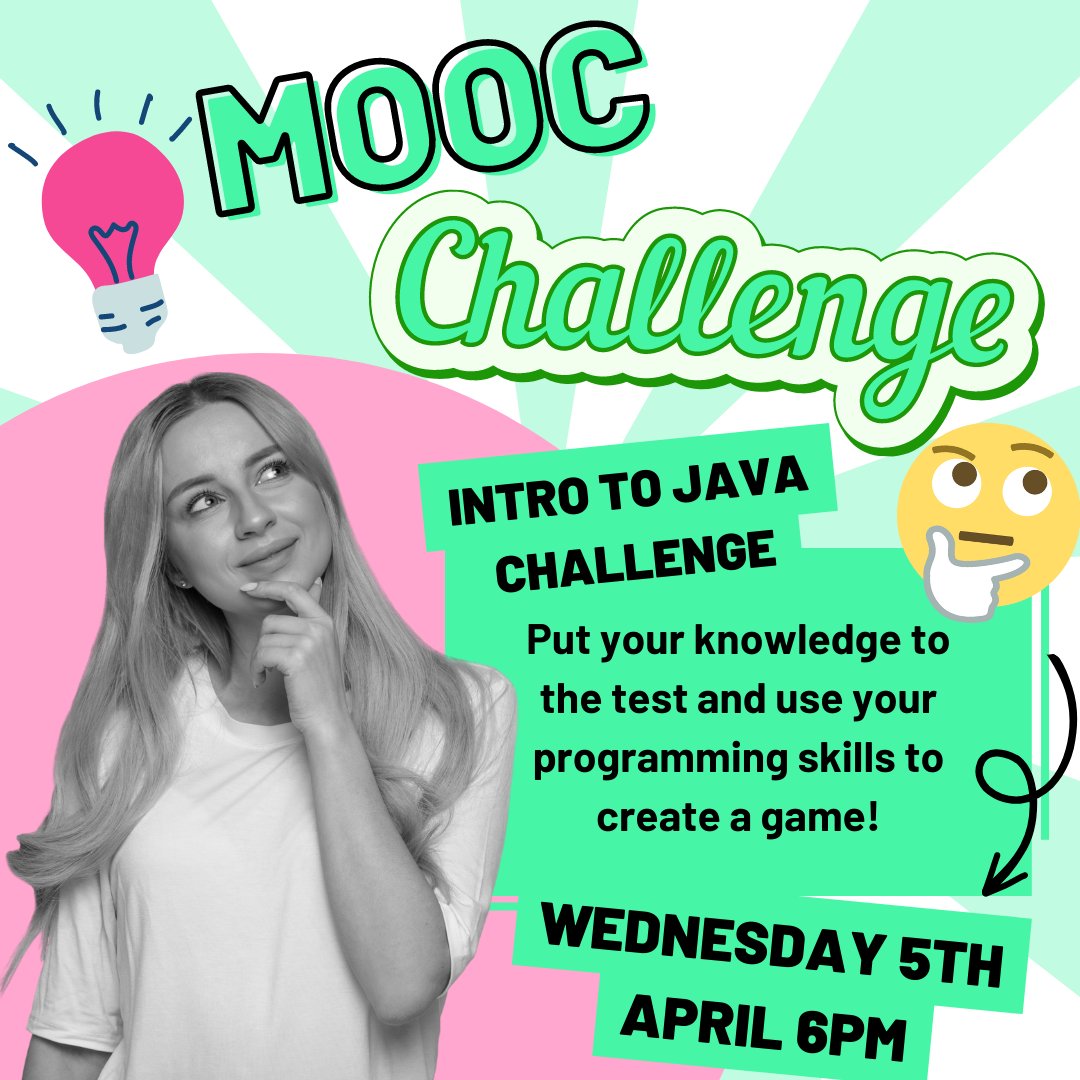 MOOC Challenge time! Are you ready? 👀 Intro to Java starting today at 5PM ⏰ Use all the knowledge you have stored to create your very own game! 🎮 Sign up now! 👇 share.hsforms.com/1T_qcciCpS6yR0… #CodeFirstGirls #DiversityInTech #WomenInTech #Upskill #Transform
