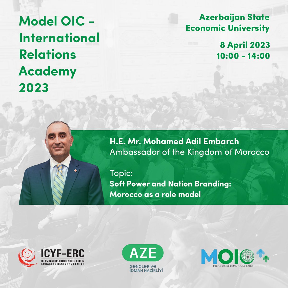 icyferc's tweet photo. 📢Dear friends,

We are pleased to share with you the next #training session of the #ModelOIC - IR Academy 2023, organized by @icyferc in partnership with @officialmys to be held on April 8 at @UNECeduaz.

For more:
https://t.co/G8vGUpjJsY

@AEmbarch @nmammadli 

#youth #OIC https://t.co/vhsQXtPXzT