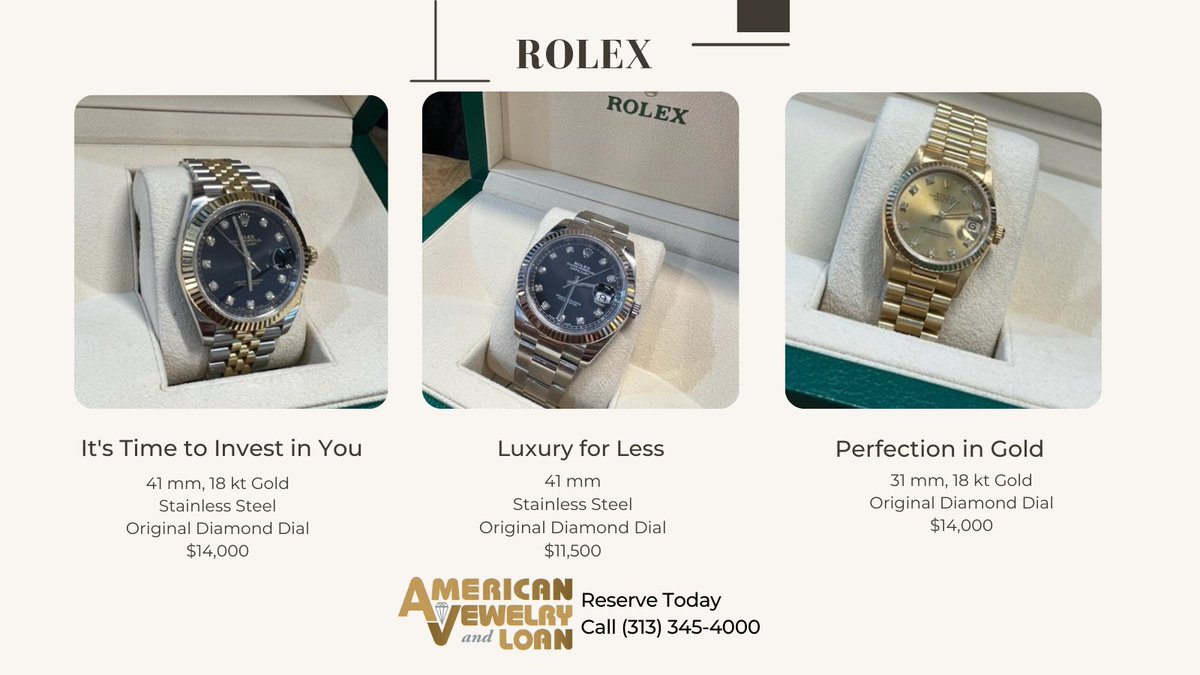pawndetroit's tweet photo. #Rolex would look amazing on you!
Call (313) 345-4000 now.
#rolexwatch #rolexcollector #rolexdatejust #rolexdaydate #rolexchallenge #detroit https://t.co/hsqMuRhZUI