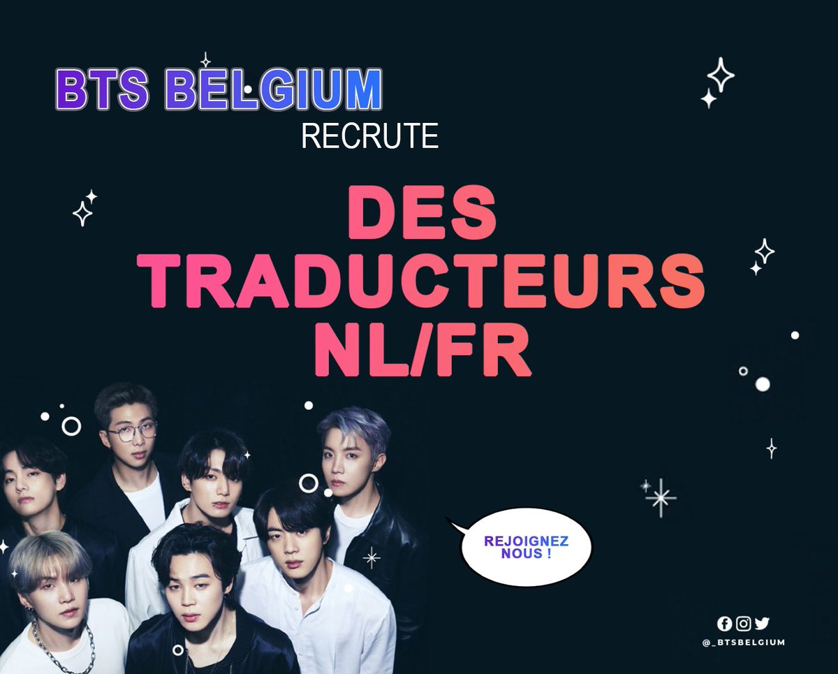 _BTSBELGIUM's tweet photo. [RECRUTEMENT]

Nous recrutons des traducteurs.rices NL/FR✨
Nous recherchons des personnes :
-Bilingues
-Capables de traduire en journée (traductions courtes)
-Motivé.es !!

Par ici 👉https://t.co/KFmwwxwLQT

N'hésitez pas à venir en MP pour toute question ! 💜 https://t.co/ZmQ4PrtnKK