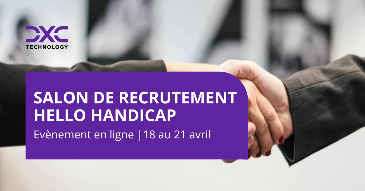 ✔️ Œuvrons pour que les différences soient vues autrement. 
DXC Technology poursuit son engagement pour l'inclusion et participe au salon de recrutement #HelloHandicap de <a href="/Handicap_fr/">Handicap.fr</a>.

🤝 Inscrivez-vous afin de passer les entretiens du 18 au 21 avril: dxc.to/3KwveLF