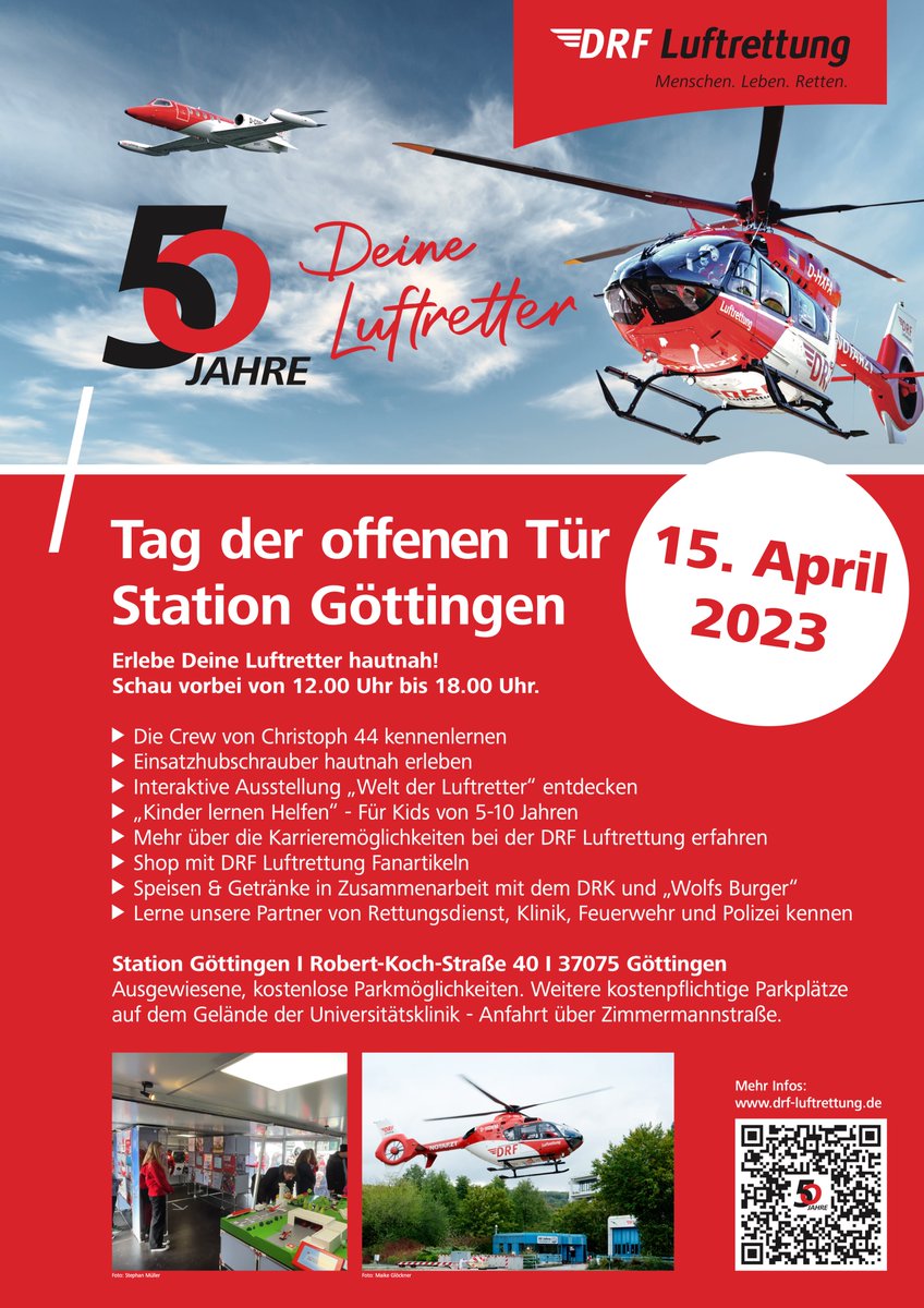 Am 15.04.23 feiern wir mit einem Tag der offenen Tür das 50-jährige Jubiläum der DRF (@Luftrettung) an unserer Station in Göttingen.
Wir freuen uns auf euch!
#wirhubschraubern