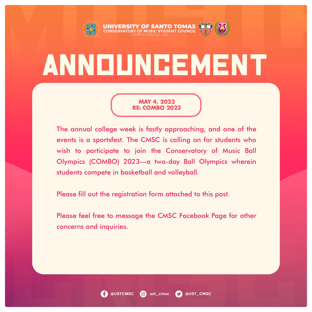 UST_CMSC's tweet photo. Music Week? 👀
Join one of our COMBO 2023, a two-day Ball Olympics wherein students compete in basketball and volleyball. This is just one of the events that we have in store for you.
If you're interested, join here: https://t.co/wtM1tkxdvo
#USTCMNostalgia
#MusicWeek2023 https://t.co/OD2Cc0iOnj