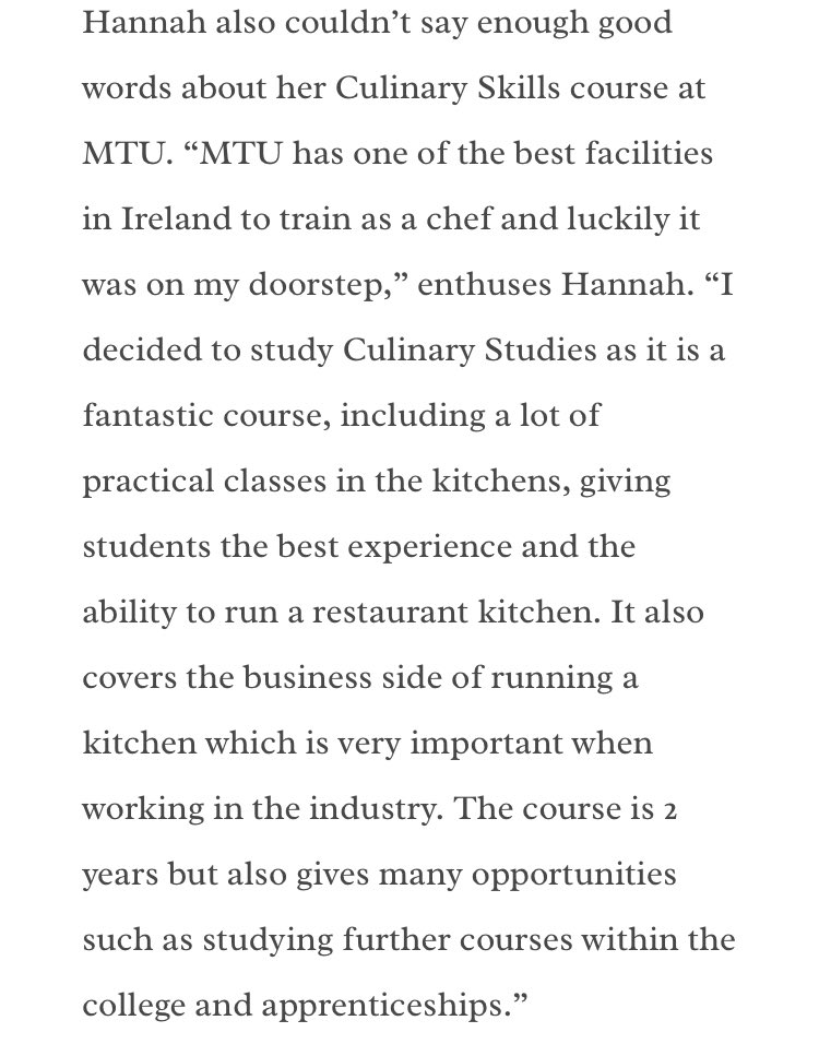 See what our award winning culinary student Hannah had to say to FFT.ie about her culinary course <a href="/TourismHospDept/">Tourism & Hospitality Department, MTU Cork Campus</a> <a href="/MTU_ie/">Munster Technological University</a> &amp; how it helped her become the Knorr Student Chef of the Year <a href="/noelgmurray/">Noel Murray</a> <a href="/chefgusscully/">kieran Scully</a>