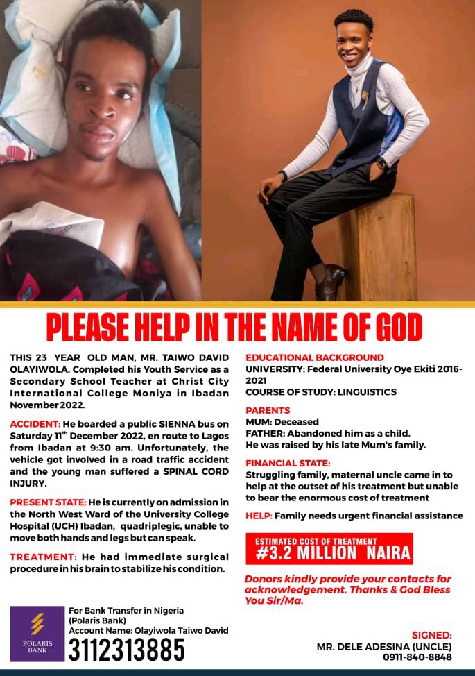 flora_oladipupo's tweet photo. This hits differently cos he was my secondary school mate.
Please he needs our collective help let's all donate no matter how small the amount is 🙏 https://t.co/LVx03HQurM