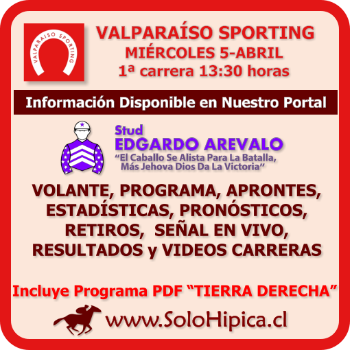 solohipica's tweet photo. Patrocinado por "Stud EDGARDO AREVALO": VALPARAÍSO SPORTING (Miércoles 5-Abril) Disponibles Programa PDF, AprontesFS, Retiros FS y Novedades https://t.co/KY6U2IUCVo #solohipica #ValparaísoSporting #ProgramaPDF #AprontesFS #RetirosFS #Hípica #CarrerasDeCaballos #StudEdgardoArevalo https://t.co/UAporPI5zr