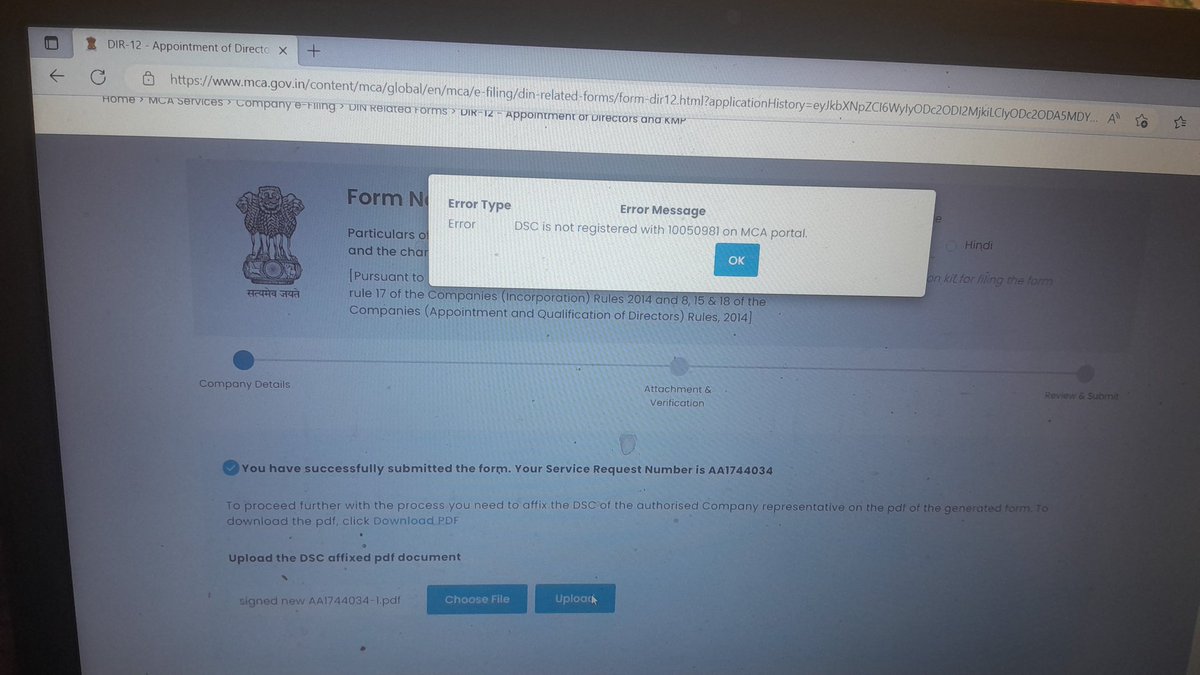 <a href="/HelpdeskMCA21V3/">Helpdesk-MCA21V3</a> <a href="/MCA21India/">Ministry of Corporate Affairs</a> <a href="/theicai/">Institute of Chartered Accountants of India - ICAI</a> My dsc is already associated on v3 portal but on the timing of uploading the form it showed an error that your dsc is not registered, please look into the issue and do the needful.