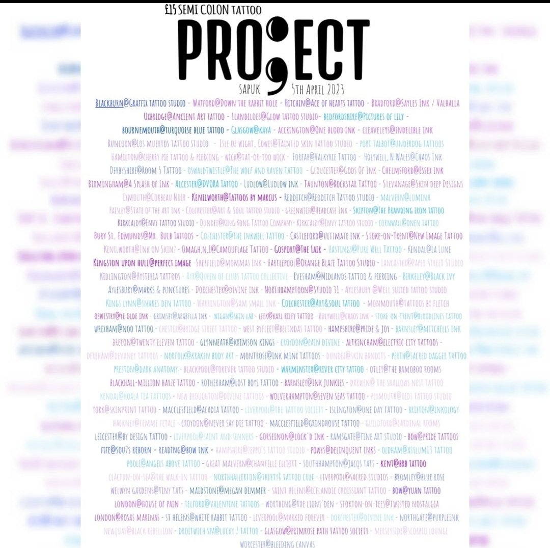 The semicolon project.
Today over 150 tattoo studios across the UK will be tattooing semicolons. Find your local walk-in event;

facebook.com/groups/sapuksc…

#suicideprevention #ukevents #suicideawareness #semicolontattoo #safespaces