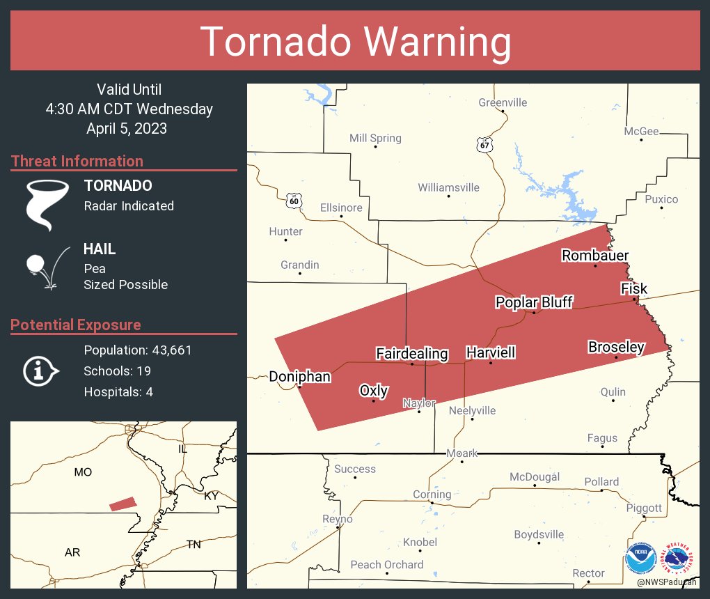 Tornado Warning including Poplar Bluff MO, Doniphan MO and  Fairdealing MO until 4:30 AM CDT