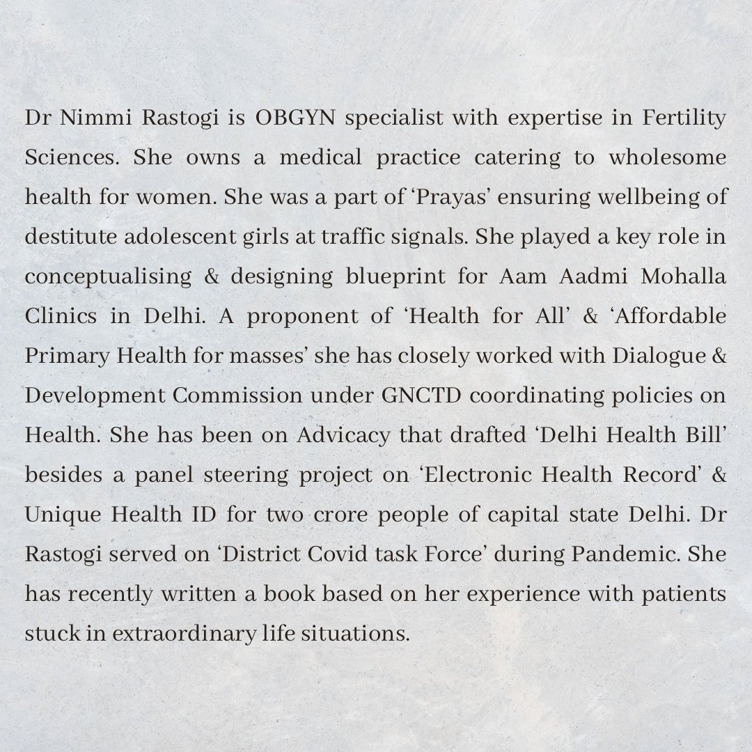 We are please to announce our next speaker, Dr. Nimmi Rastogi, CEO & Chief Gynaecologist, Sarthak Medical Centre. She has recently written a book based on her experience with patients stuck in extraordinary life situations. @RajendraGupta @nimmirastogi