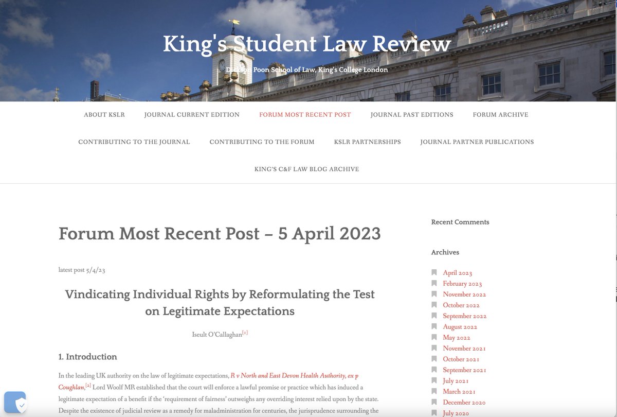 KCLSLR's tweet photo. Congratulations @Callyoc99 whose article, 'Vindicating Individual Rights by Reformulating the Test on Legitimate Expectations', has been published on the KSLR Forum today. Read it here: https://t.co/xKdiAfj7rf https://t.co/LkYoUMmE7O