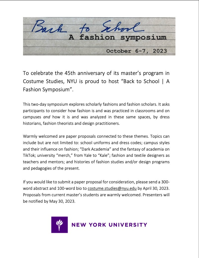 DrSarahGilligan's tweet photo. Call for papers
Back to School fashion symposium at New York University 6-7 Oct 2023.
CFP deadline for abstracts 30th April 2023. https://t.co/zUEUH4Bwhj