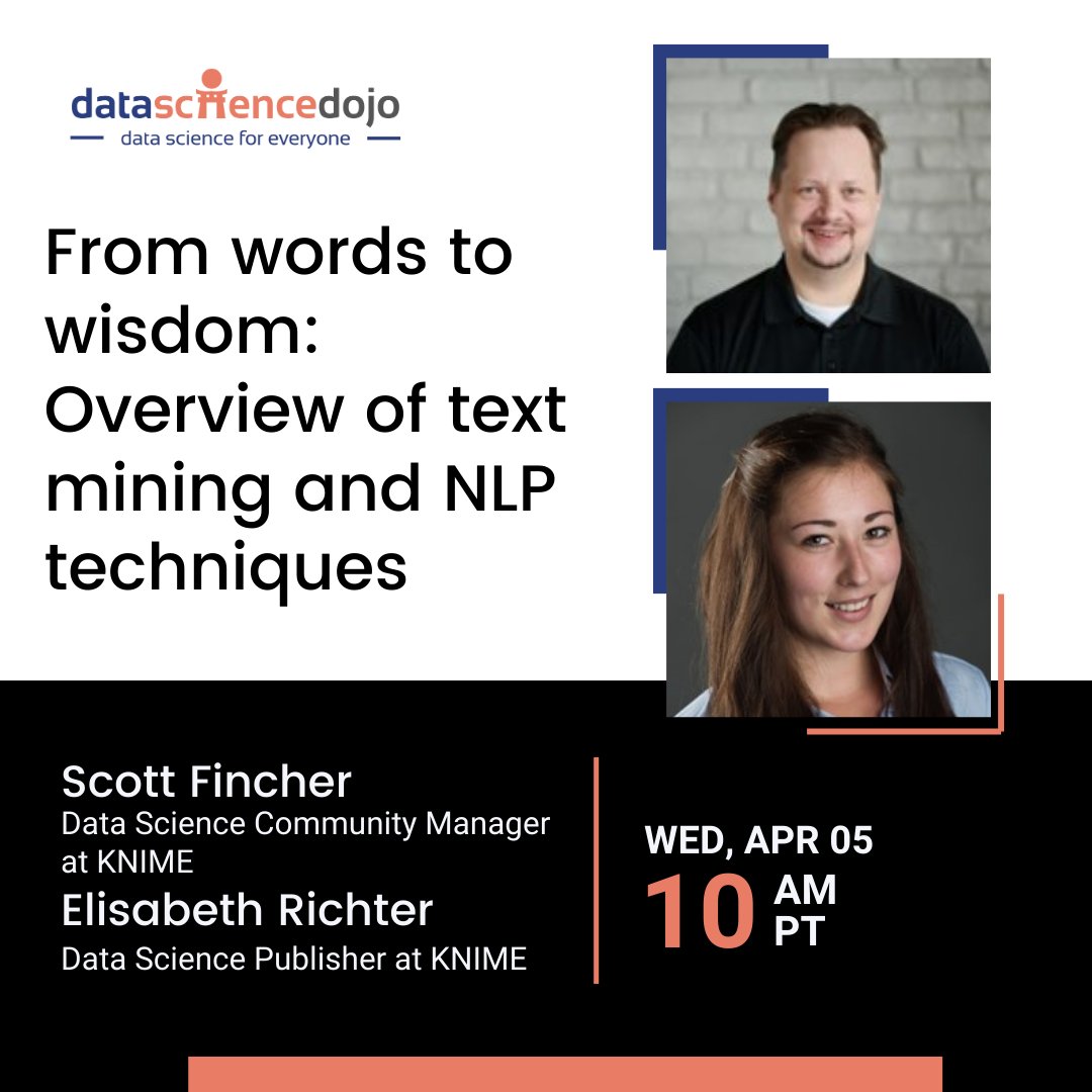 knime's tweet image. Join @elisrich_ and @somedatastuff today at 7:00 PM CEST for a webinar, hosted by @DataScienceDojo, to leam all about #codeless text mining, sentiment analysis, and more! 
Sign up at datasciencedojo.com/event/words-wi…
#KNIME #datascience #nlp