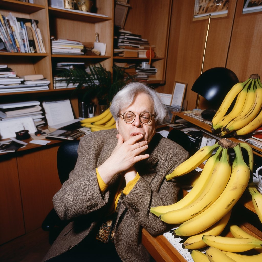 Recently discovered photos of Stravinsky, Bartok, Cage and Ligeti, in their offices with lots of bananas.