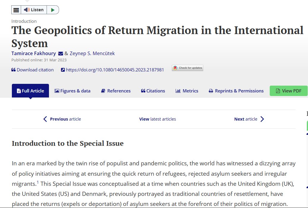 We started this project in the midst of the pandemic yet here we are! We're thrilled to share the  introduction to our Special issue "The Geopolitics of Return migration in the International System". tandfonline.com/doi/full/10.10… <a href="/zeynepmencutek/">zeynepmencutek</a> <a href="/Geopolitics_Jl/">Geopolitics</a> <a href="/PollyWilkins/">@pollypw.bsky.social</a> <a href="/GCR_21/">Centre for Global Cooperation Research</a>